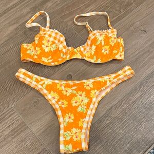 Orange Floral Gingham Trim Bikini Set